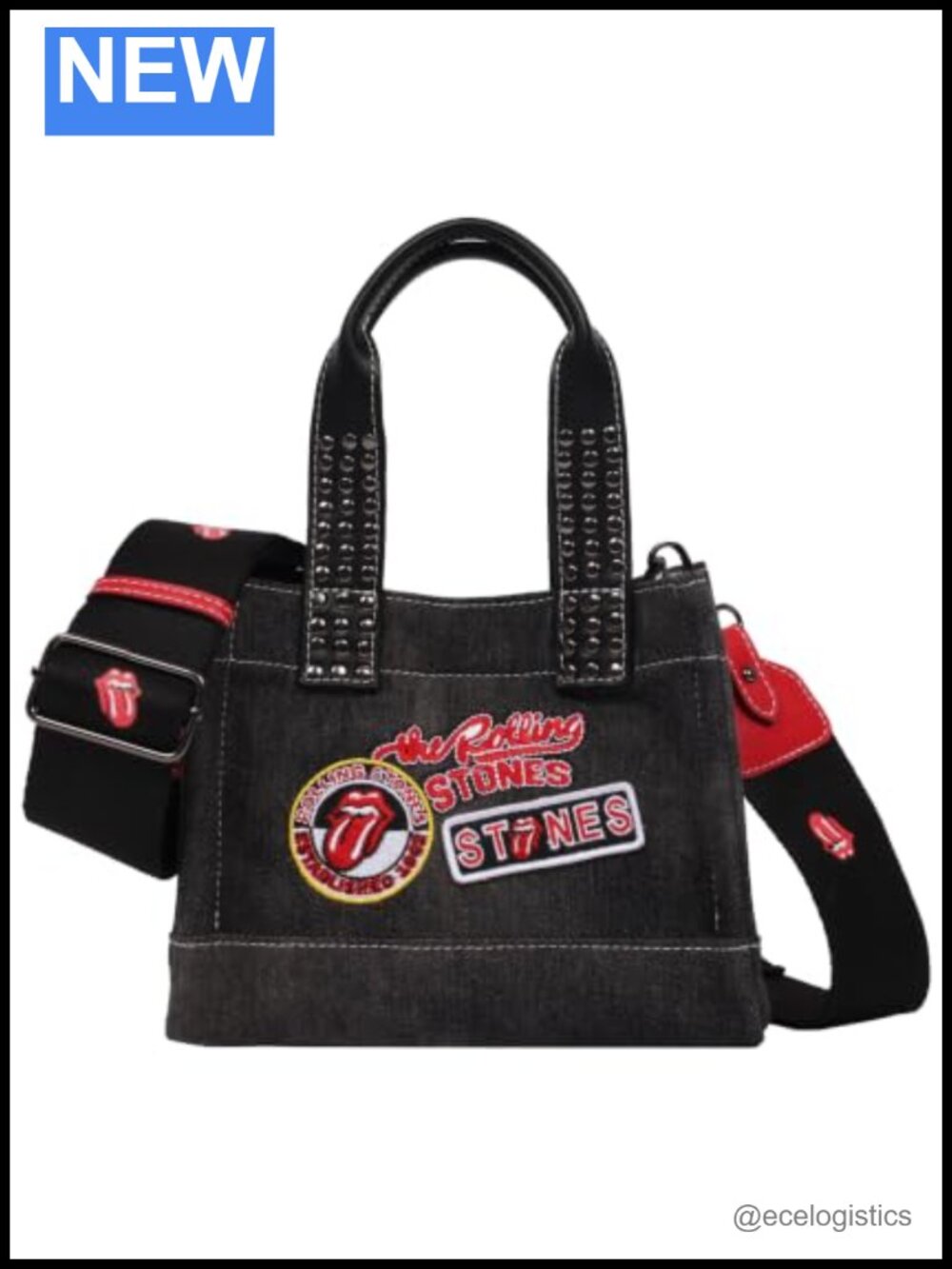 Licensed Rolling Stones Mini Tote Bag with Studded Handles and Crossbody Strap